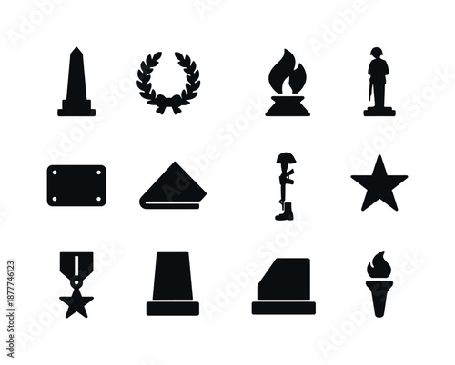 Military Monument Icons. Military monuments. Solid icon set of military monuments: obelisk, memorial wreath, eternal flame, statue silhouette, remembrance