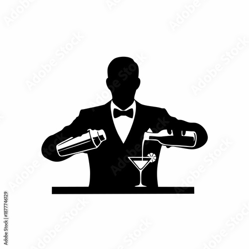 Bartender Silhouette Pouring Cocktail Drink for Bar and Nightlife Logo Vector