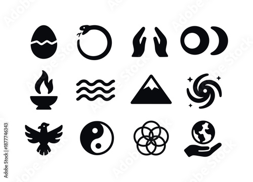 Creation Myths Icons. Creation myths. Solid icon set of creation myths: world egg, cosmic serpent, divine hands, sun and moon, sacred flame, primordial waters,