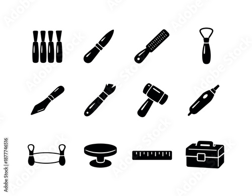 Sculpting Tools Icons. Sculpting tools. Solid icon set of sculpting tools: chisel set, carving knife, rasp, wire loop, spatula tool, brush, mallet, rotary