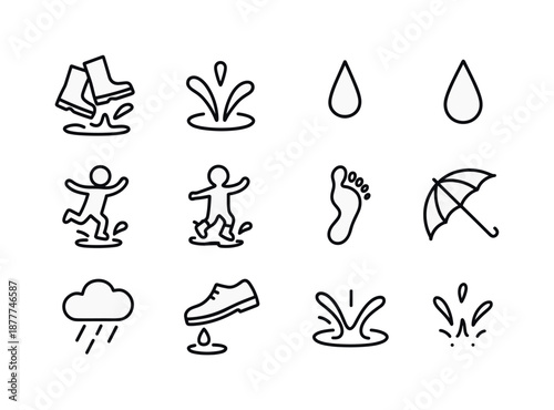 Puddle Splash Icon Set. splashing in puddles. Line icon set of splashing in puddles: jumping boots, water splash, puddle outline, raindrop fall, child jumping