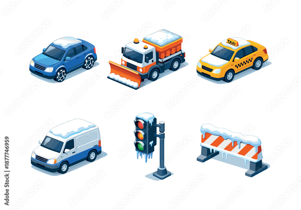 Naklejka premium Winter Road Transport Icons. Winter road transport. Isometric flat vector icons set of winter road transport: car with snow chains, city snowplow truck, winter