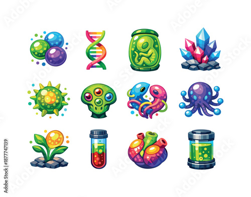 Alien Biology Icons. Alien Biology. Colorful flat vector icons set of Alien Biology: bioluminescent cells, spiral DNA strand, alien embryo pod, crystalline
