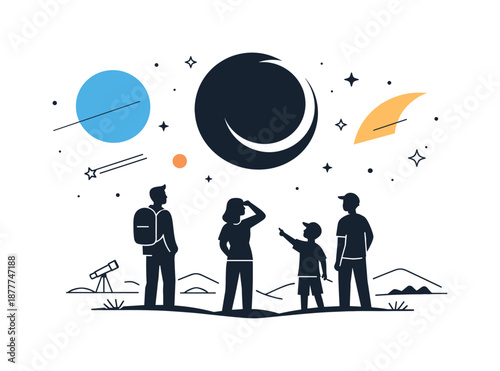 Eclipse Watching Spectacle. People watching eclipse atmosphere. Silhouetted figures under a partially darkened sky with abstract celestial shapes. Sense of