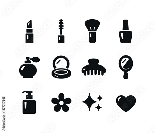 Beauty Essentials Icons. Beauty essentials. Solid icon set of beauty essentials: lipstick, mascara wand, powder brush, nail polish, perfume, compact case, hair