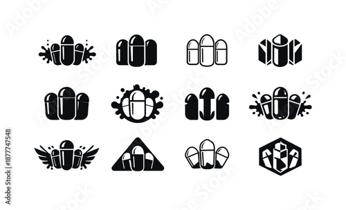 Paintball Logos Grid. paintball. Icon set. Set Logo of paintball: paintball pod container. harmonious logo variations of the same emblematic concept, each with