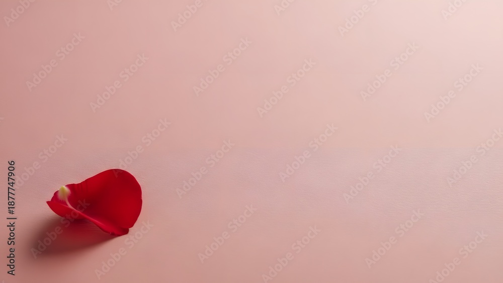 Fototapeta premium Single red rose petal, delicate floral element on a soft pink background, romantic and elegant