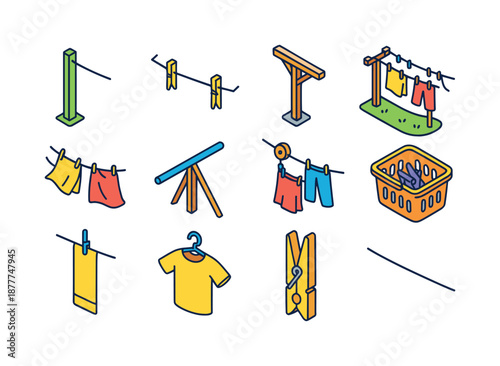 Colorful Clothesline Icons. Clothesline setup. Colorful isometric vector icons set of clothesline setup: line pole, rope with pegs, crossbar support, backyard
