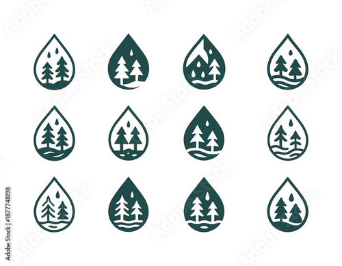 Rainforest Logo Variations. Rain showers in forests and wetland areas. Icon set. Set Logo of rain showers in forests and wetland areas: eco drop with trees.