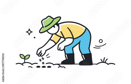Farmer Planting Seeds. Farmers planting seeds icon. Simple farmer figure bending down to place seeds into soil, expressing calm agricultural work. Friendly