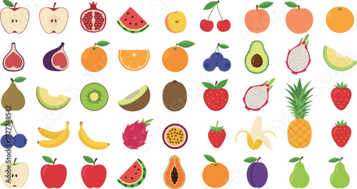 Fresh fruits vector set with colorful tropical and seasonal fruit icons including apple, banana, watermelon, pineapple and berries in flat cartoon illustration style isolated on white background