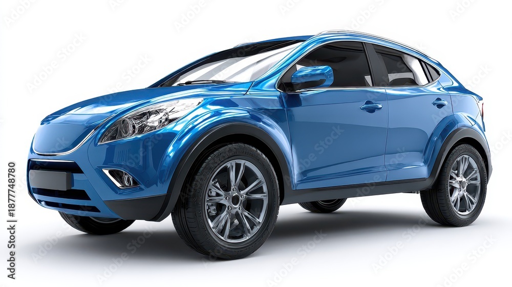 Fototapeta premium Blue compact city crossover SUV rendered in CGI on a pristine white studio background