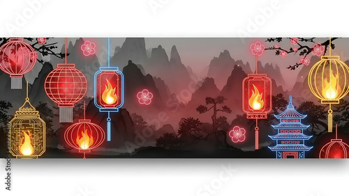 Stunning Neon Asian Landscape Banner with Glowing Traditional