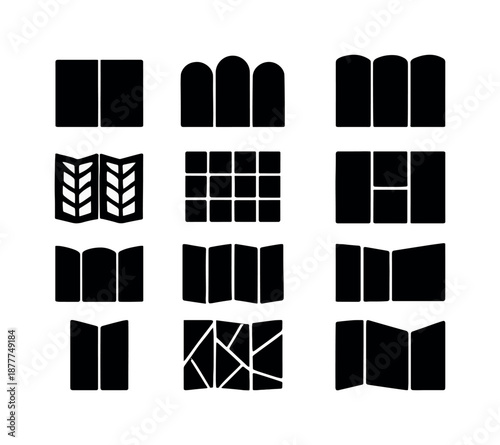 Folding Screen Icons. Folding screen shapes. Solid icon set of folding screen shapes: rectangular panel, arched top panel, rounded panel, lattice panel, grid