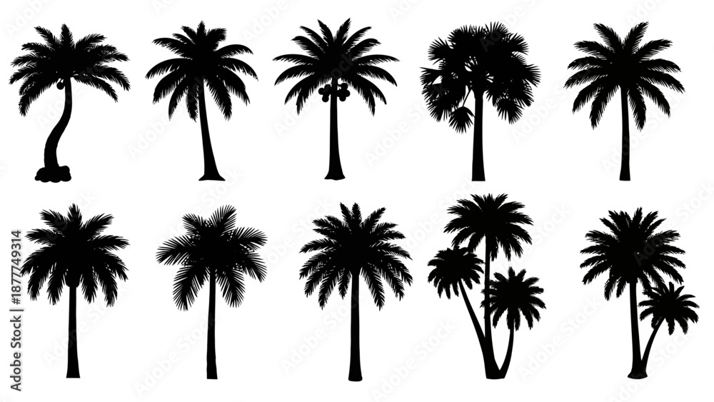 Fototapeta premium Tropical Palm Tree Silhouettes Collection: Black Vector Set for Summer and Beach Designs