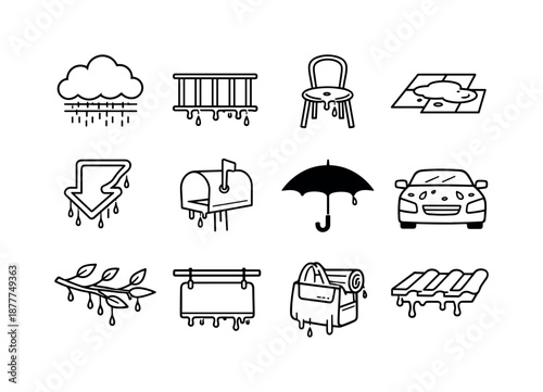 Rainy Day Icons. Rainy Day. Line icon set of rainy day: misty rain cloud, wet balcony rail, soaked cafe chair, puddled street tile, dripping neon sign, moist