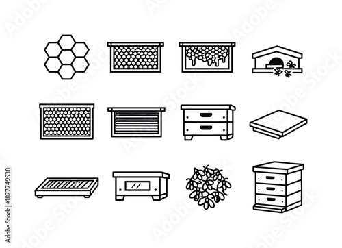Beehive Icon Set. How bees make honey. Line icon set of hive structure: hexagon cell, brood frame, honey frame, hive entrance, wax comb sheet, queen excluder