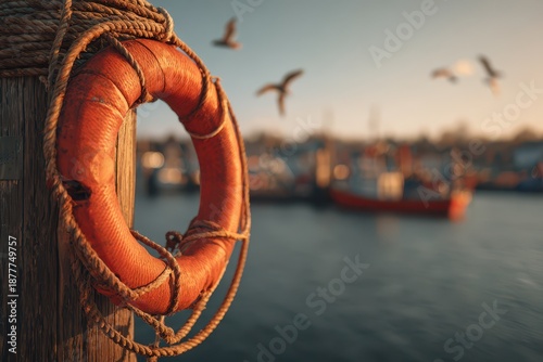 Bright Orange Lifebuoy Hanging by Rope on a Seaside Dock During Golden Hour