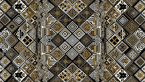A geometric pattern of black, white, and gold shapes
