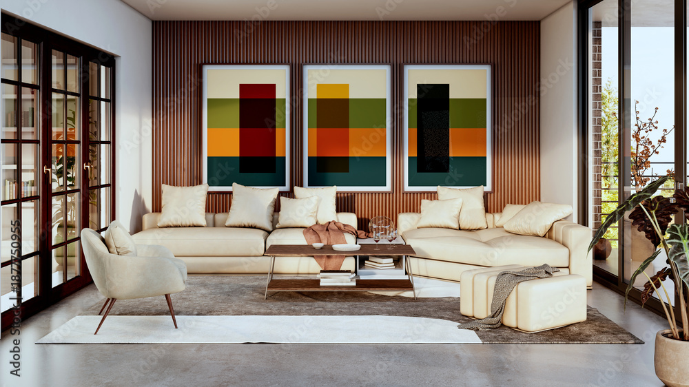 Naklejka premium Large luxury modern bright interiors Living room mockup illustration 3D rendering image