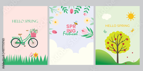 Pastel vector illustration set of three cheerful spring greeting cards featuring a bicycle, blooming flowers, and a sunny festival landscape