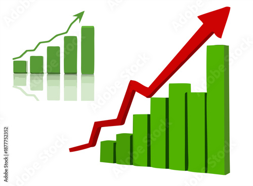 Set of two professional 3D bar charts in green with upward-pointing arrows in red and green. Perfect for representing financial success, market recovery, and business progress.