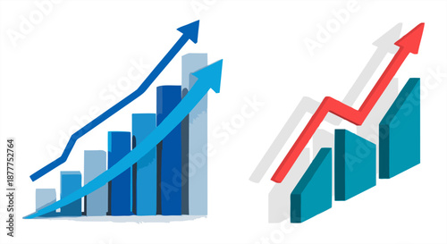 Set of two professional 3D bar charts with upward arrows in blue and teal colors. Modern isometric vector illustrations for financial growth, data analytics, and business success.