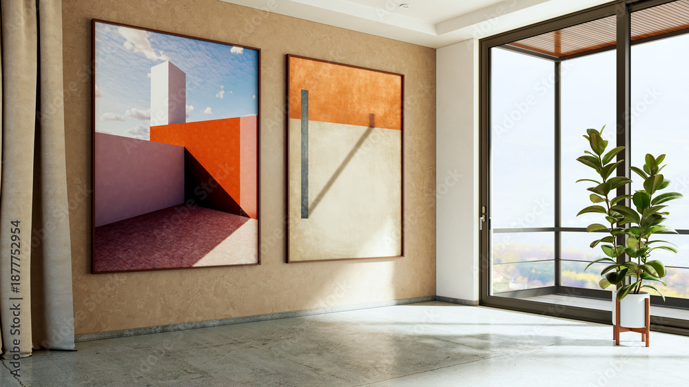 Naklejka premium Large luxury modern bright interiors Living room mockup illustration 3D rendering image