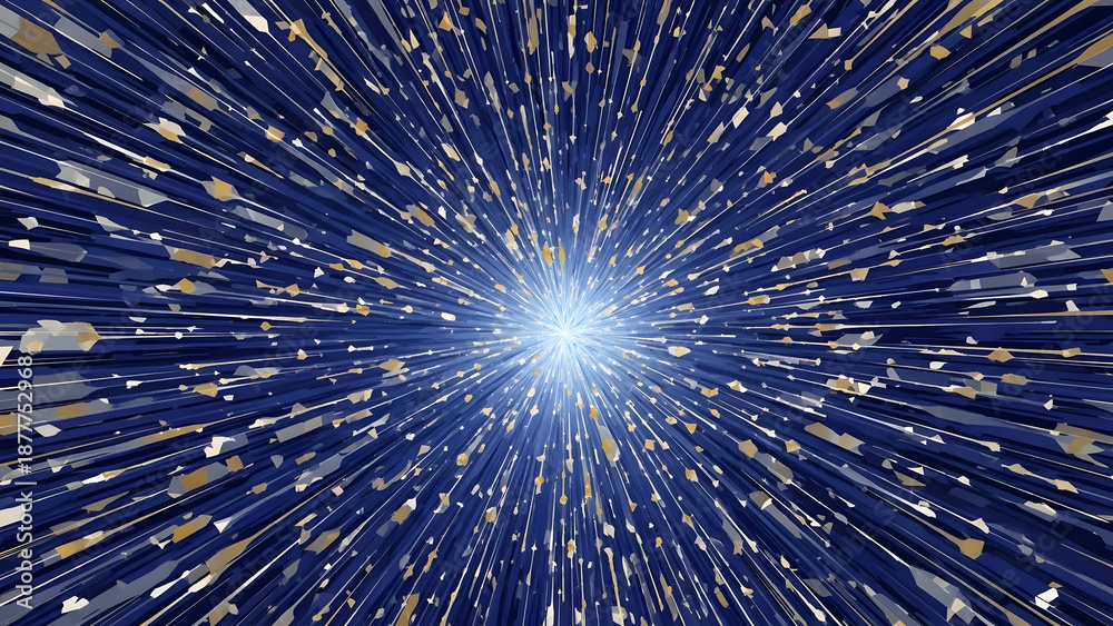 Fototapeta premium Explosion of blue light particles and streaks radiating from a central bright core on a dark background, suggesting hyperspace travel.