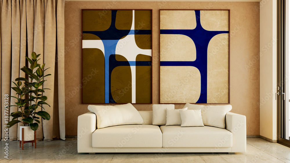 Naklejka premium Large luxury modern bright interiors Living room mockup illustration 3D rendering image