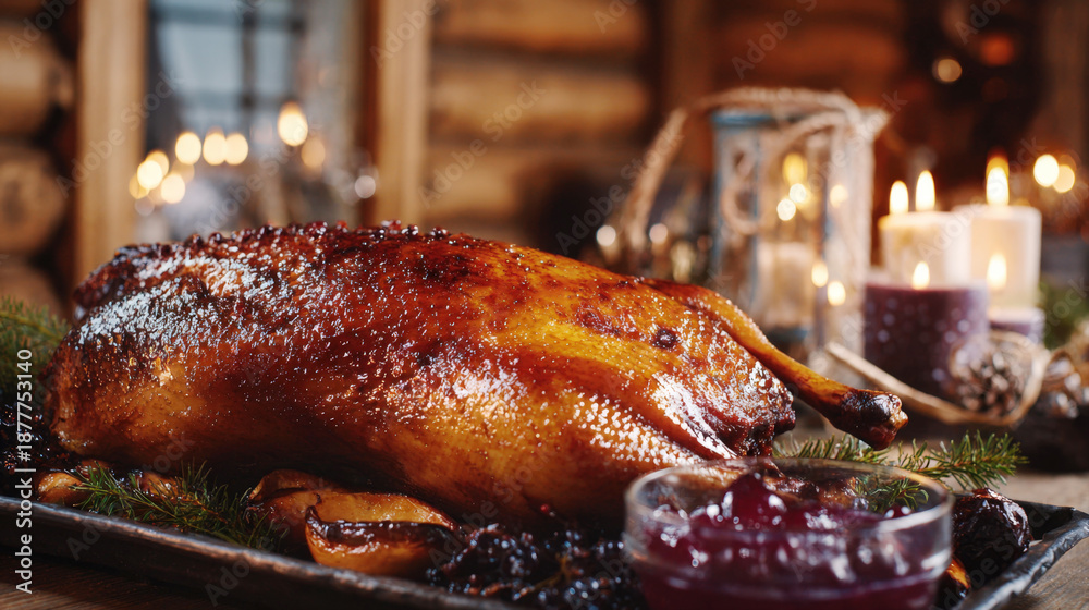 Obraz premium A delicious roasted duck prepared for a Christmas or Thanksgiving dinner. Perfect for holiday food blogging, festive recipe books, restaurant winter menus, and celebratory family meal concepts