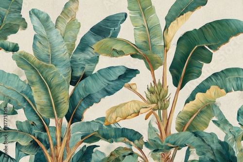 Large palm and banana plants with green leaves in a whimsical style. The watercolor effect brings out details and colors