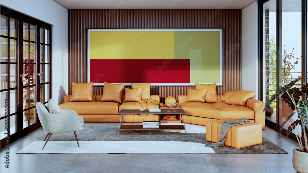 Naklejka premium Large luxury modern bright interiors Living room mockup illustration 3D rendering image