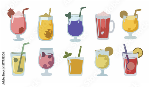Cute blended smoothies and soft drinks collection with doodle style vector illustration
