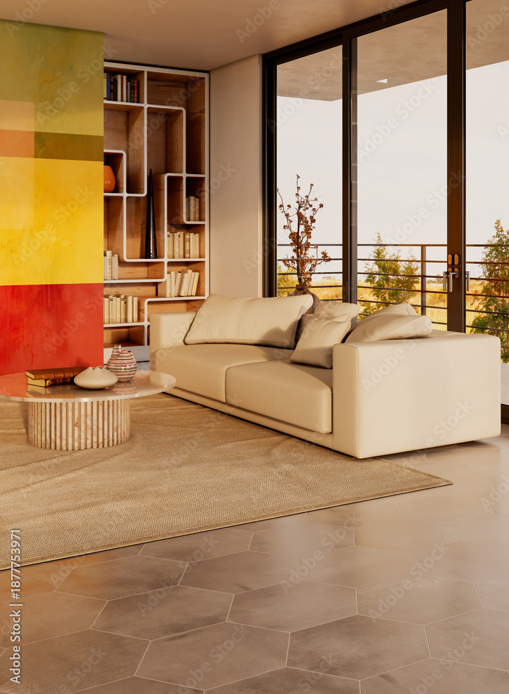 Naklejka premium Large luxury modern bright interiors Living room mockup illustration 3D rendering image