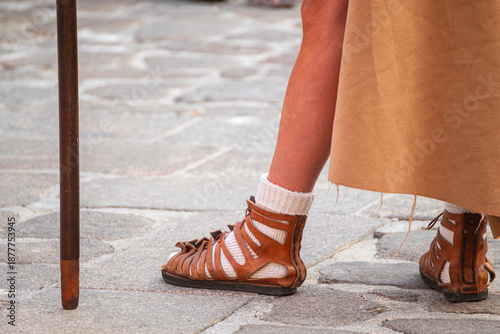 Photos 10. Traditional footwear and shield of the ancient Roman army