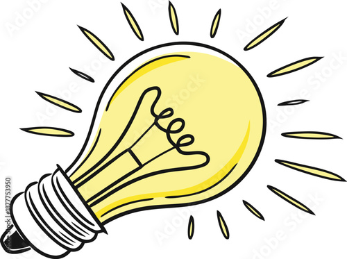 Hand drawn glowing light bulb illustration, Creative idea concept doodle sketch