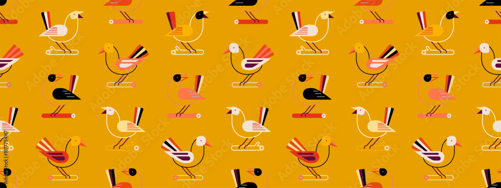 Obraz premium Seamless pattern with cute birds sitting on branches. Hand drawn autumn background with leaves, branches. Retro pattern with geometric birds, vector illustration