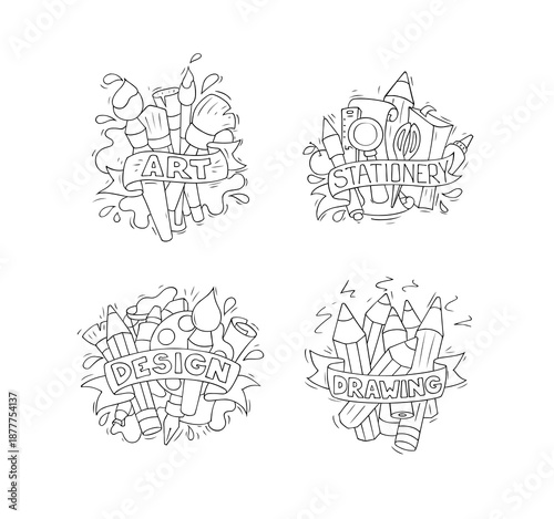 Sketch illustration with stationery. Doodle cute template about office supply with text. Hand drawn cartoon vector school design Icons of stationery for office and study in school.