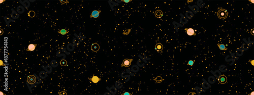 Space seamless pattern with planets, moons and stars. Abstract galaxy background, celestial pattern with cute planets with orbits and satellites in dark night sky, vector illustration