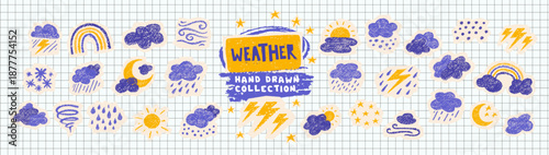 Crayon icons of weather, clouds and sun in sky. Doodle clouds with rain, lightning, snow, storm with chalk texture. Cute summer and winter weather icons drawn with crayon pencils, vector illustration