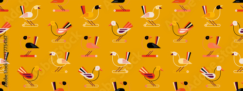Seamless pattern with cute birds sitting on branches. Hand drawn autumn background with leaves, branches. Retro pattern with geometric birds, vector illustration