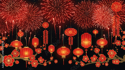 Stunning Golden Fu Character Surrounded by Festive New Year Fireworks