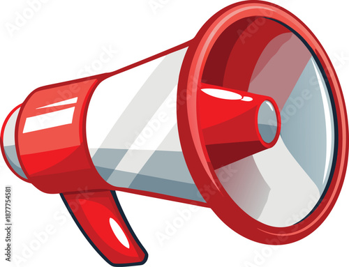 Red and white cartoon megaphone, Vibrant loud speaker alert symbol