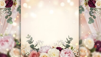 Elegant floral border featuring soft pink and cream peonies frames a bright, sparkling invitation card space.