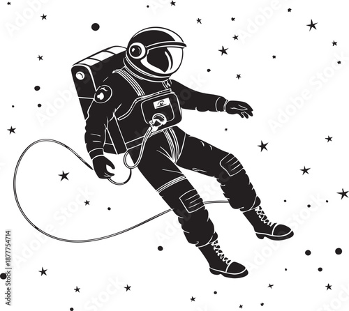 Tethered Astronaut Silhouette – Bold Vector of Floating Explorer with Stars for Editorial & STEM Design