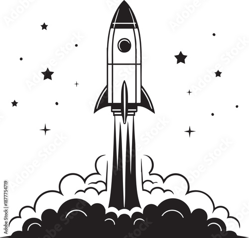 Rocket Launch Silhouette – Bold Vector of Vertical Liftoff with Flames & Stars for Editorial & STEM Design