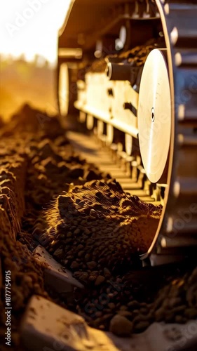 Heavy excavator track rolling over muddy ground in construction site with dirt flying and sunlight, industrial equipment moving soil and clay