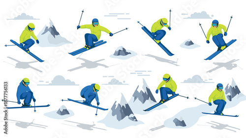Dynamic winter sports adventure with skiers in motion across snowy mountains