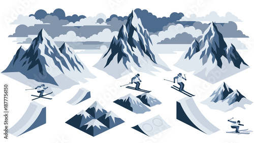 Dynamic winter sports scene with skiers and majestic snowy mountains in modern flat design